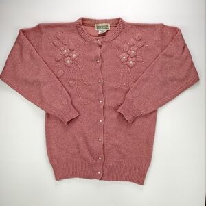 Essentiels Vintage Pink Pearl Embroidered Cardigan Soft Knit Floral Sweater S